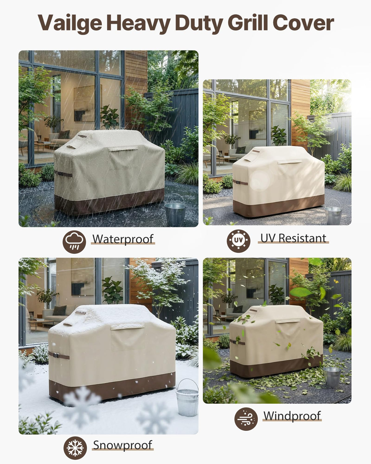 Vailge grill cover in a patio scene showcasing weatherproof protection.