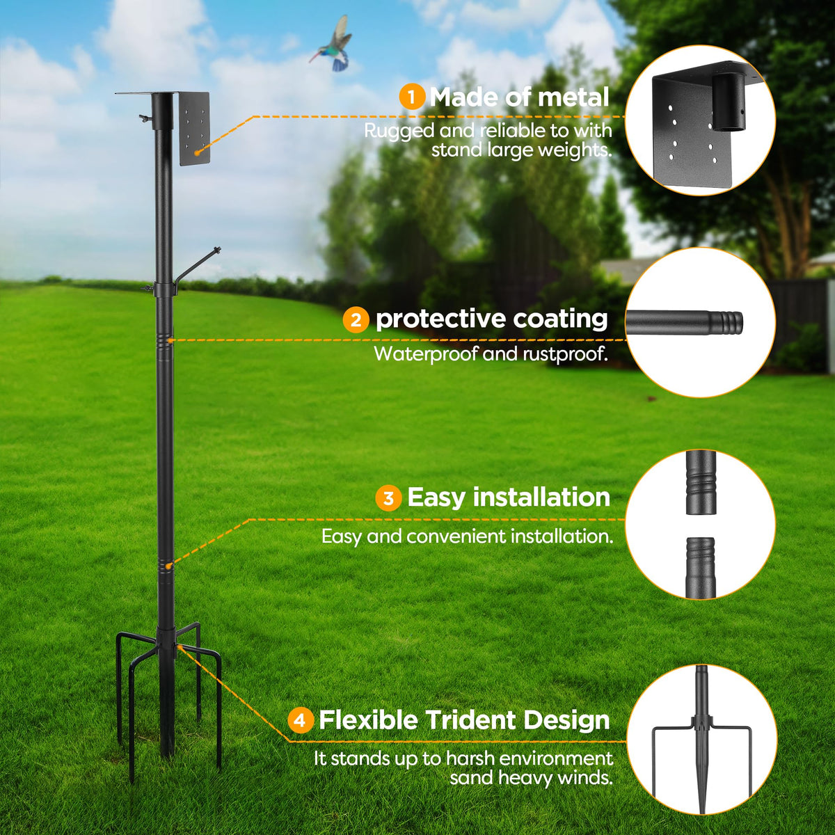 Vakiav outdoor pole supports bird feeders and solar panels with universal mounting.