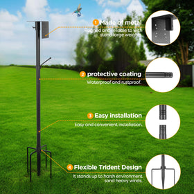 Vakiav outdoor pole supports bird feeders and solar panels with universal mounting.