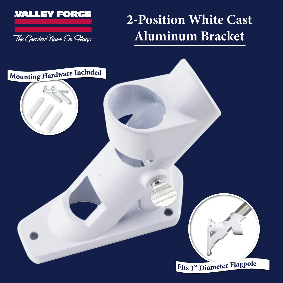 Valley Forge aluminum bracket designed for 1-inch flagpoles with easy thumb screw.