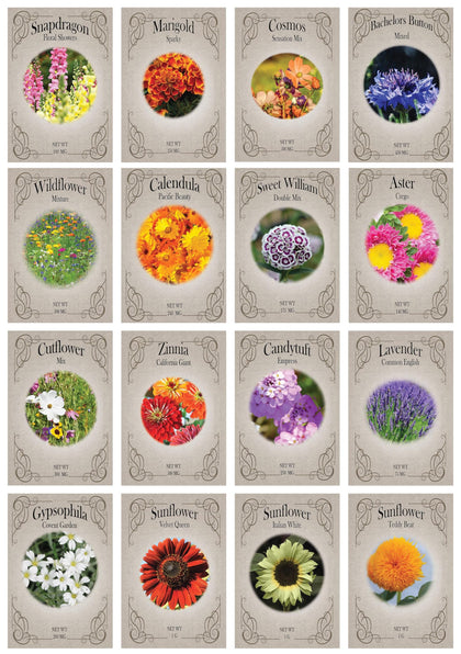 Valley Greene set-16-seed-packet image shows the complete seed collection ready for sowing.