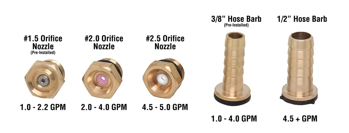 Valley Industries field-use spray gun demonstrating coverage range up to 35 ft vertical and 45 ft horizontal.