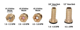 Valley Industries field-use spray gun demonstrating coverage range up to 35 ft vertical and 45 ft horizontal.