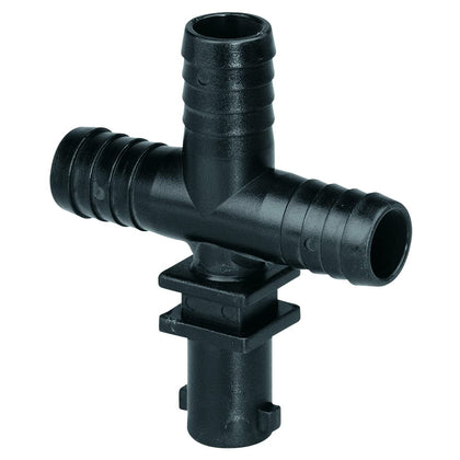 Valley Industries polypropylene cross nozzle body with 3/8in inlet for durable broadcast spraying.