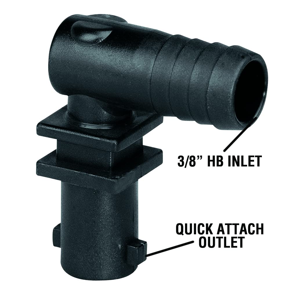 Valley Industries polypropylene elbow nozzle body side view highlighting secure hose barb inlet and outlet.