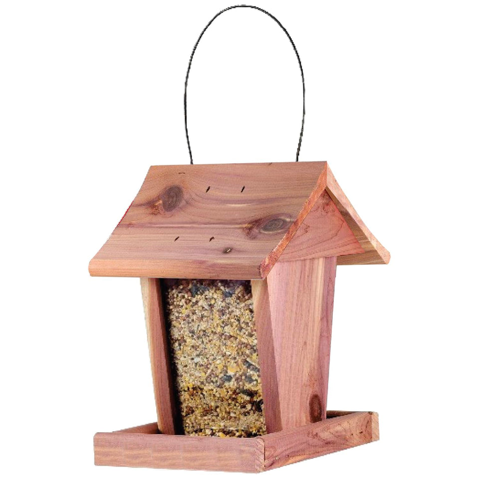 Valley Splendor Cedar Hopper Bird Feeder with clear windows for easy seed monitoring for songbirds