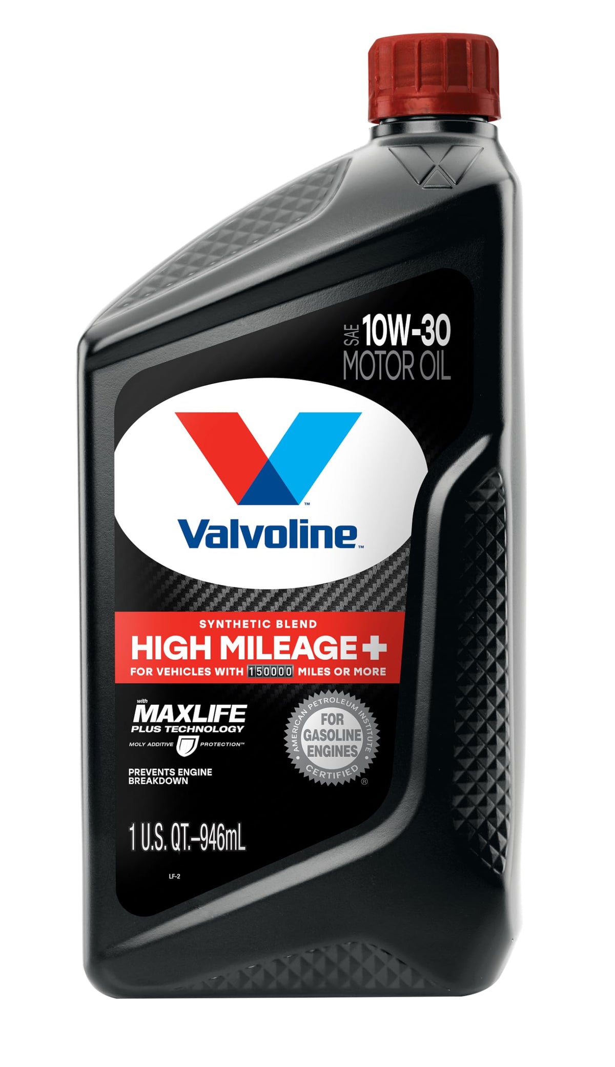 Valvoline High Mileage 150K bottle side view for aging engines.