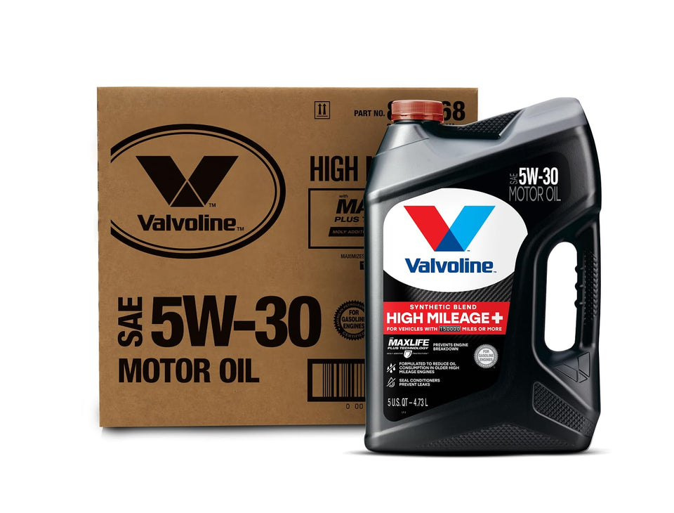 Valvoline High Mileage 150K bottle with MaxLife Plus reduces oil consumption in older engines.