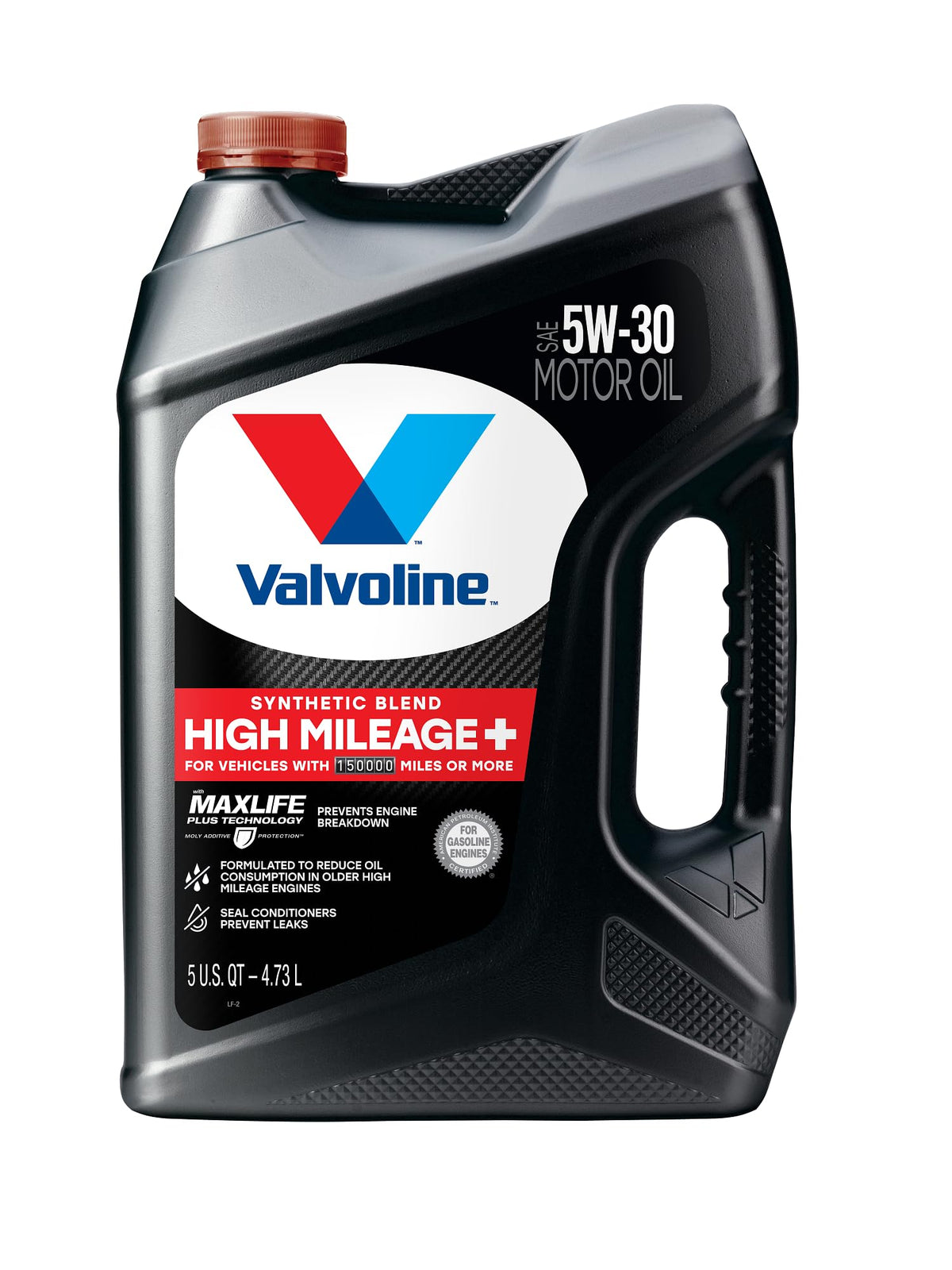 Valvoline MaxLife Plus label closeup showing anti-wear protection for high-mileage engines.