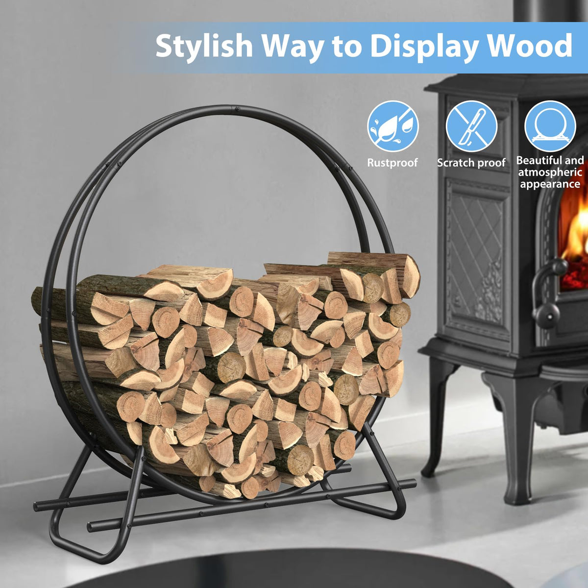 VAMFUTRE outdoor log holder in black steel keeps firewood dry