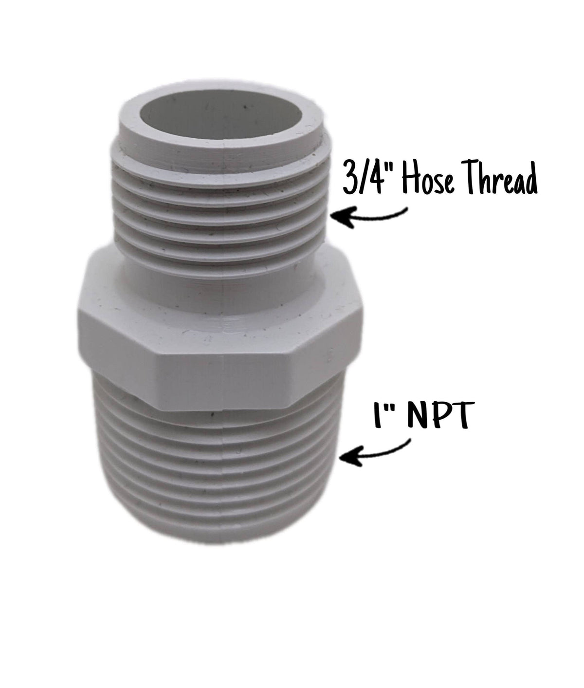 Van Enterprises 1 NPT male thread detail, compatible with standard piping.