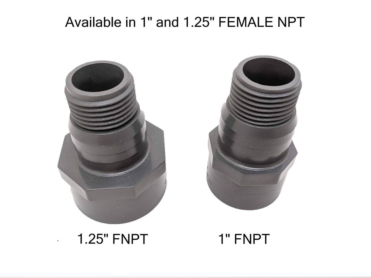 Van Enterprises 1in NPT adapter close-up shows 1.25 inch hose barb for efficient flow.