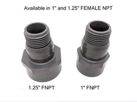 Van Enterprises 1in NPT adapter close-up shows 1.25 inch hose barb for efficient flow.