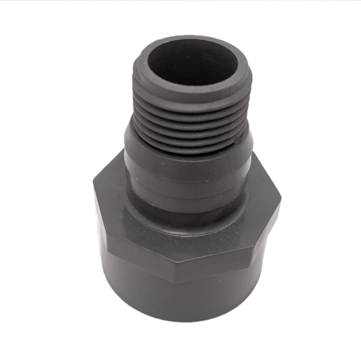 Van Enterprises 1in NPT adapter front view with integrated hose barb for quick discharge.