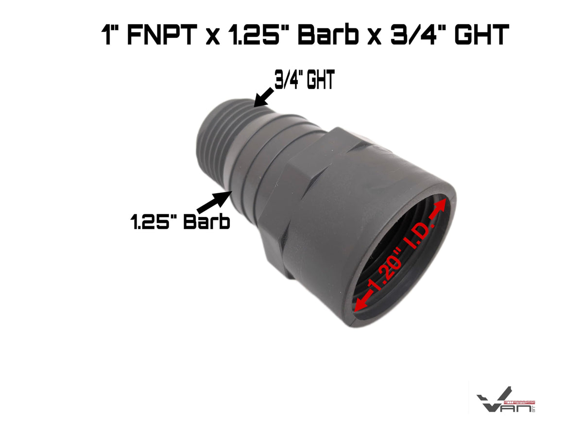 Van Enterprises adapter barbs connect 1in NPT to garden hose for flexible setups.