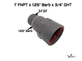 Van Enterprises adapter barbs connect 1in NPT to garden hose for flexible setups.