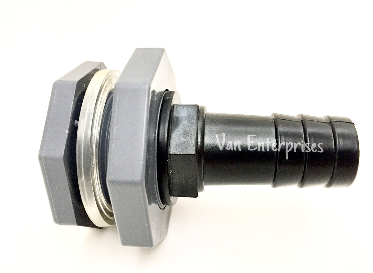 Van Enterprises bulkhead fitting with 1-inch NPT and barb for reliable water connections.