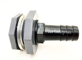 Van Enterprises bulkhead fitting with 1-inch NPT and barb for reliable water connections.
