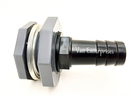 Van Enterprises bulkhead fitting with 1-inch NPT and barb for reliable water connections.