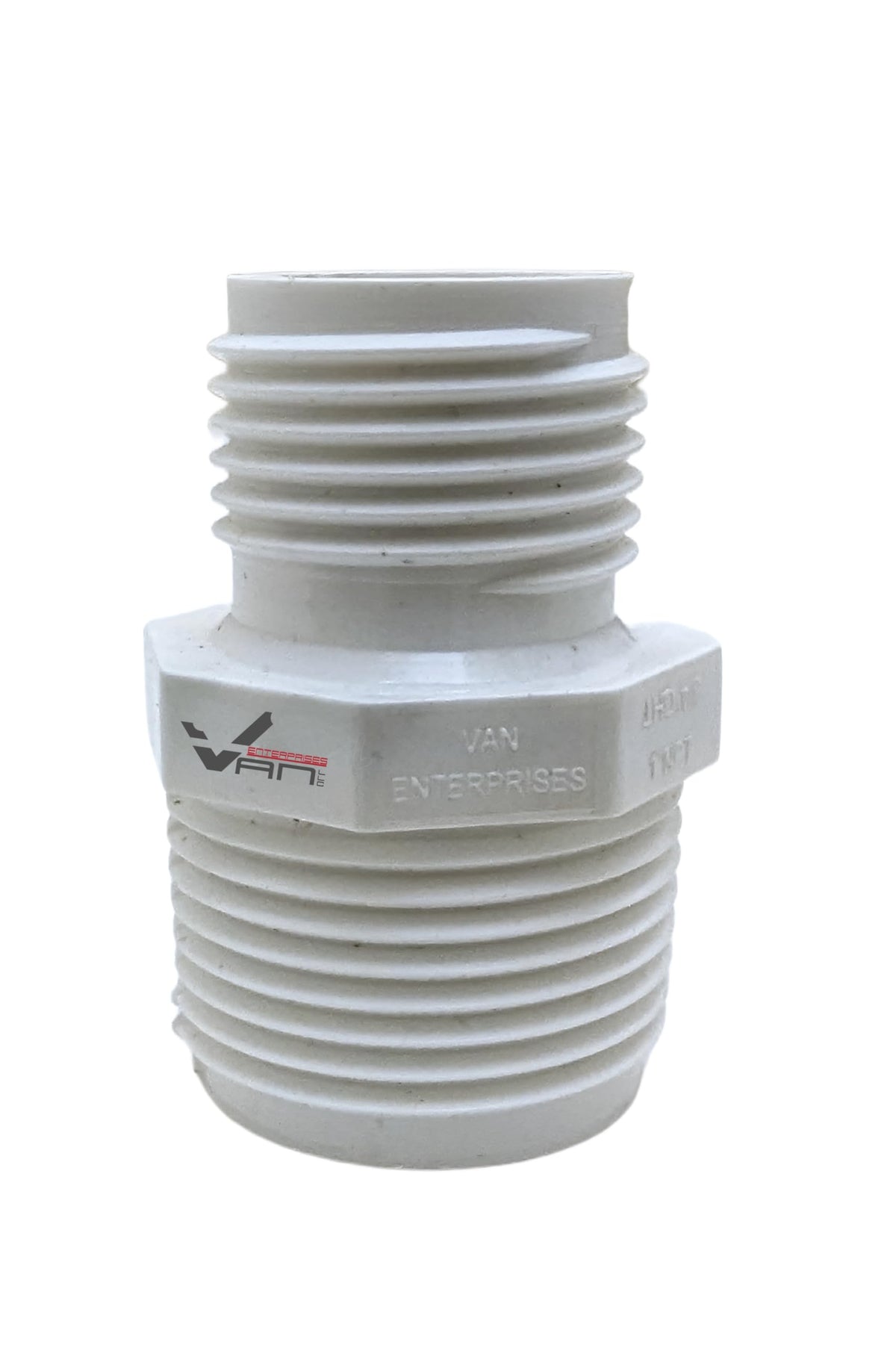 Van Enterprises PVC garden hose adapter in white close-up, ideal for rain barrel connections.