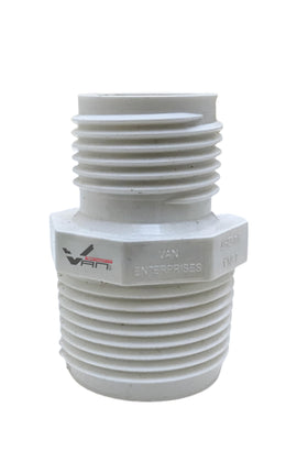 Van Enterprises PVC garden hose adapter in white close-up, ideal for rain barrel connections.