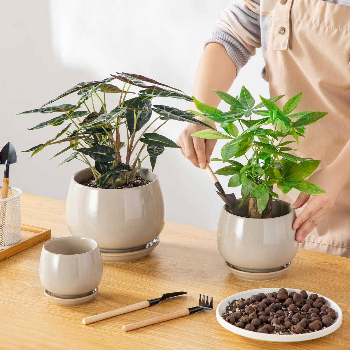 Vancasso 3.7-inch gray pot with saucer prevents water stains