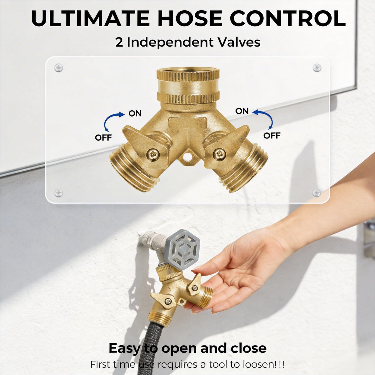 VANCOCO brass hose splitter shows a sealed gasket for leak-free connections