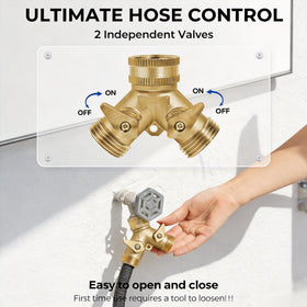 VANCOCO brass hose splitter shows a sealed gasket for leak-free connections