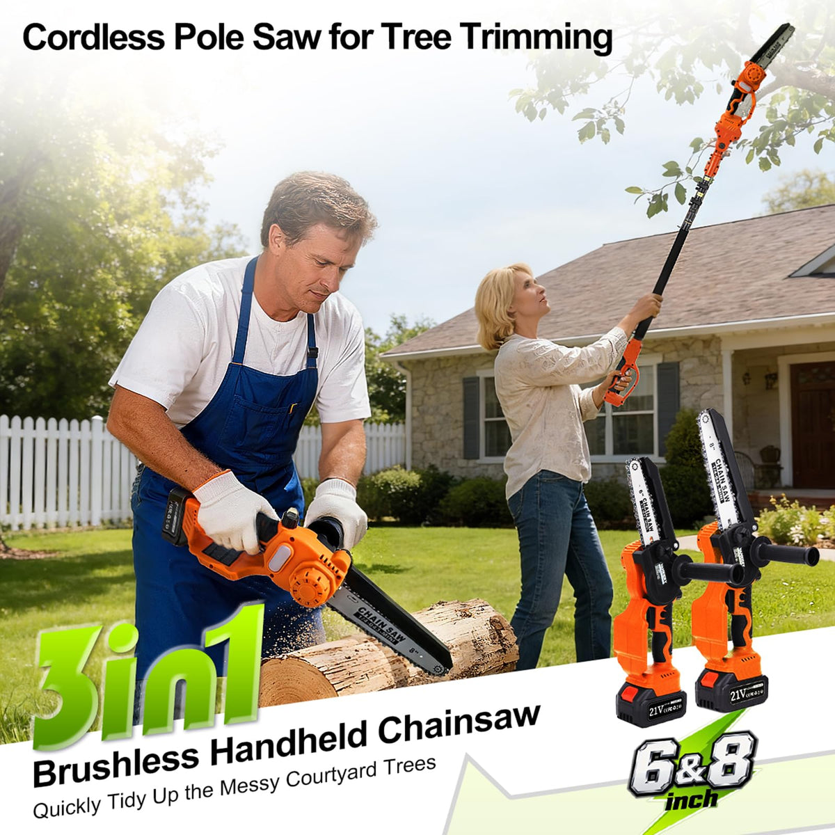 VANKERY cordless pole saw displaying 6 inch mini chain for precise pruning.