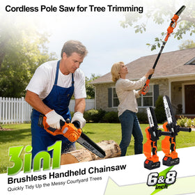 VANKERY cordless pole saw displaying 6 inch mini chain for precise pruning.