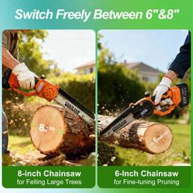 VANKERY cordless pole saw with 8 inch mini chain for thick limb cuts.