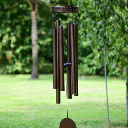 Vanquer 58-inch bronze wind chimes outdoors deliver a rich deep tone.