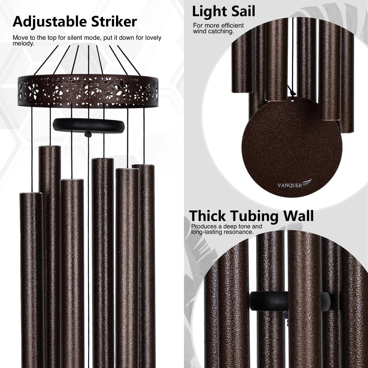 Vanquer 6-tube handcrafted aluminum wind chimes tuned to pentatonic B major scale.