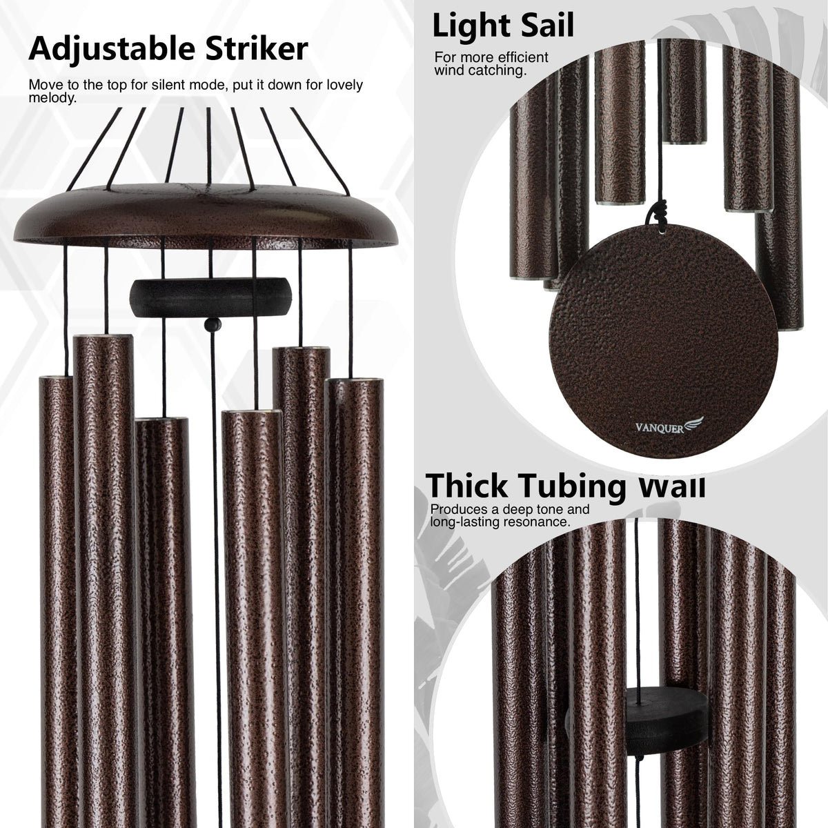 Vanquer bronze-vein finish wind chimes designed for weather resilience.
