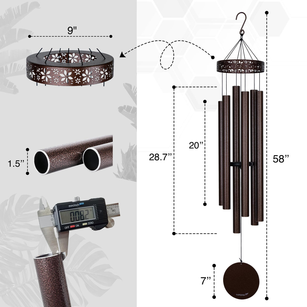Vanquer wind chime longest tube 28.7 inches creates resonant outdoor sounds.