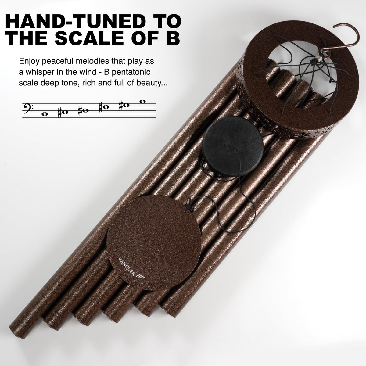 Vanquer wind chimes feature high density striker and nylon cord for lasting beauty.