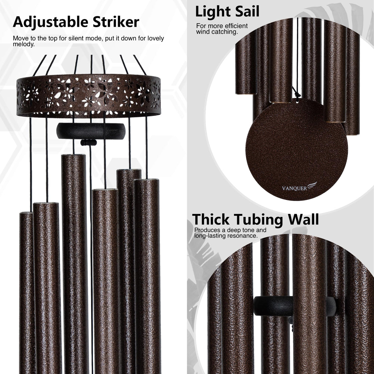 Vanquer six-tube wind chimes crafted with durable anodized aluminum.