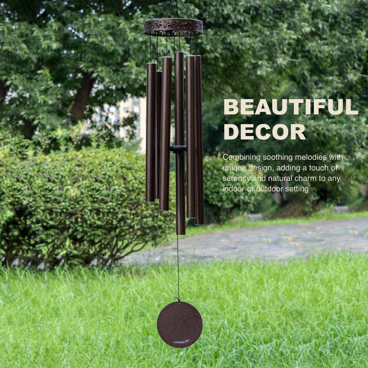 Vanquer soothing melody wind chimes provide a peaceful outdoor backdrop.