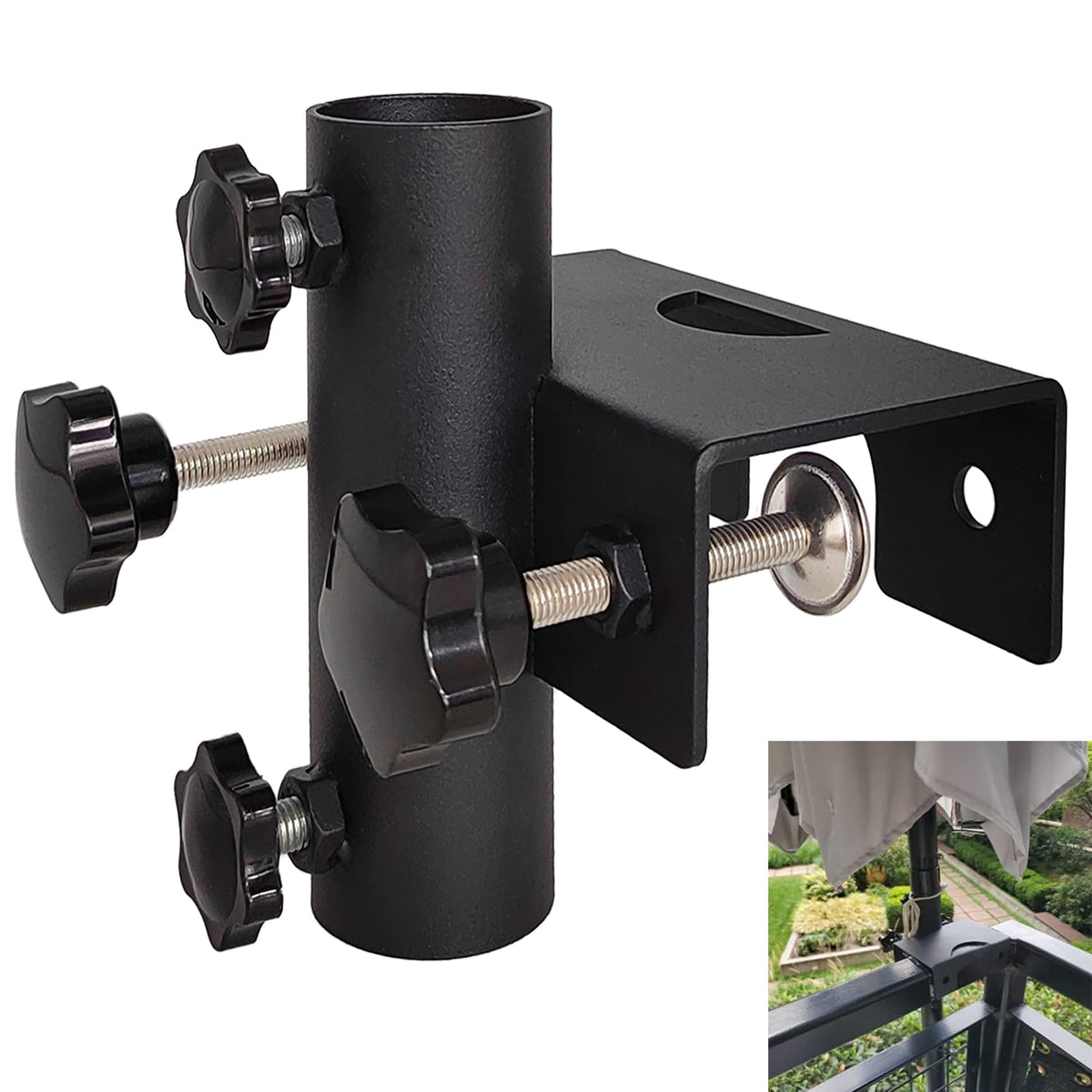 VANROUG heavy-duty parasol holder clamps onto railing for deck shade