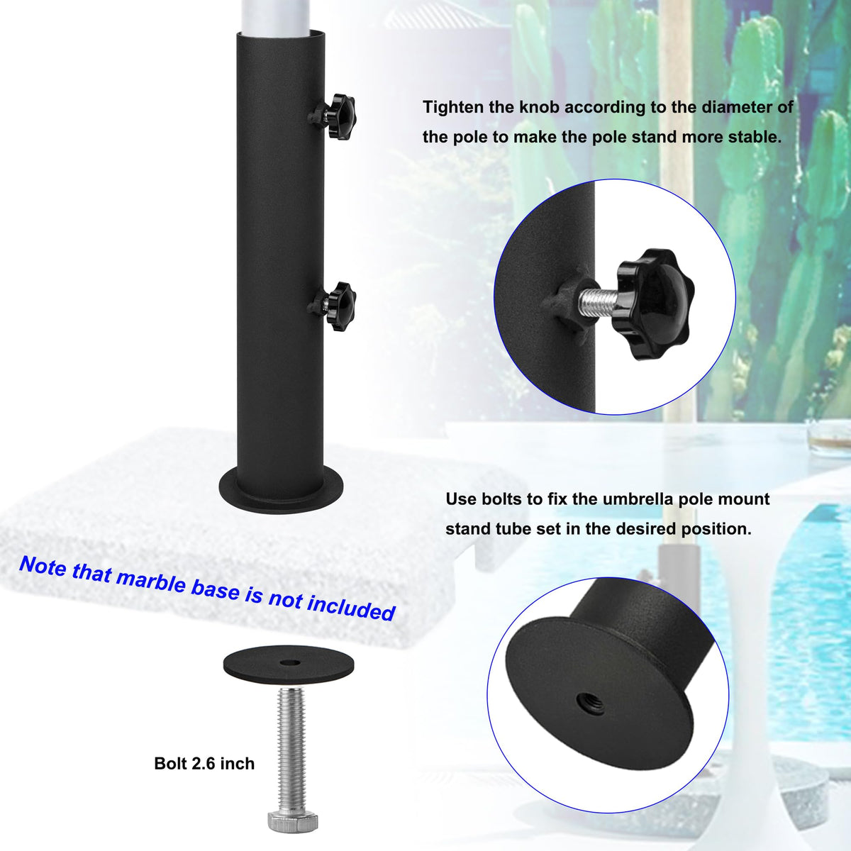 Vanroug umbrella-pole-mount-tube enables easy pole mounting on various surfaces.