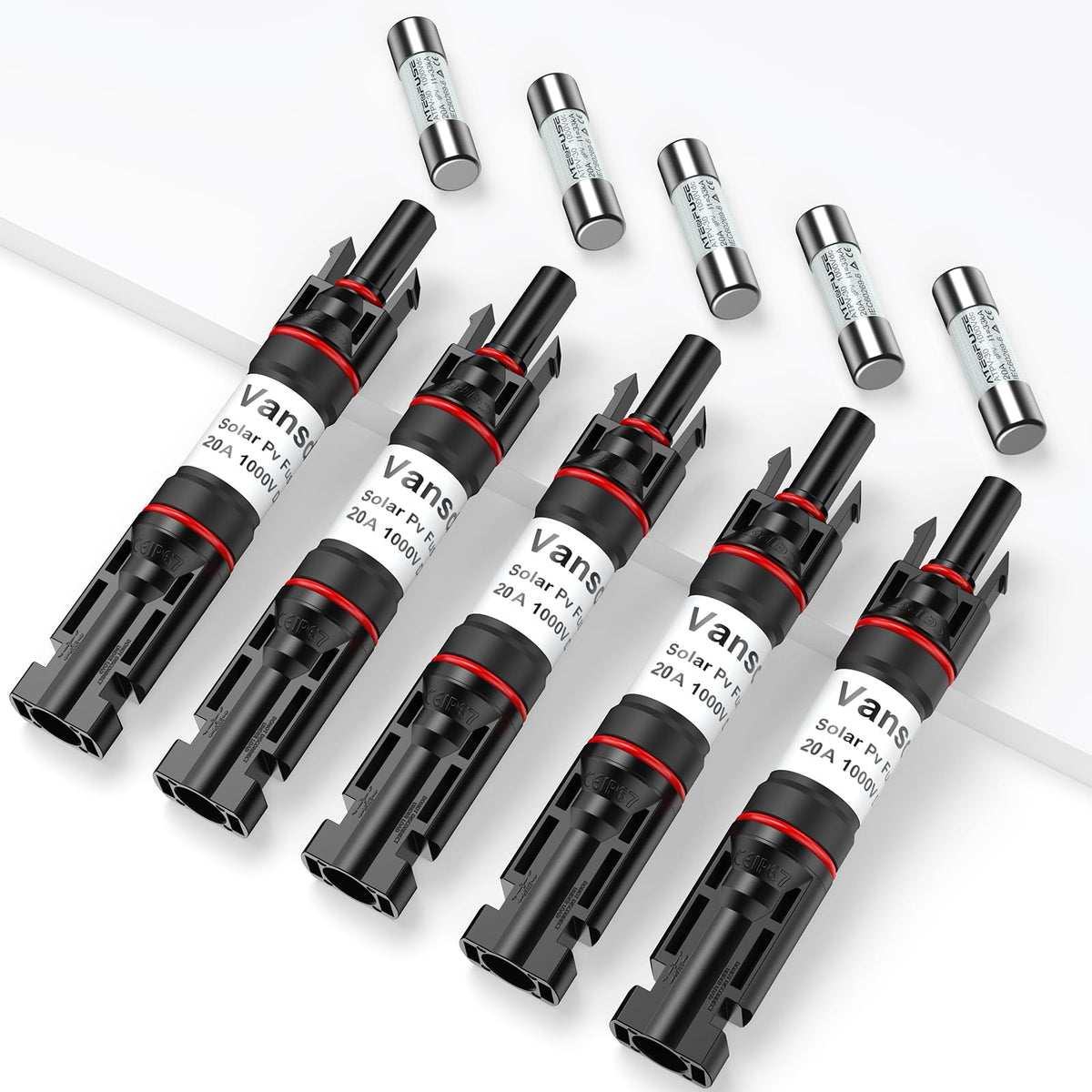 Vansdon 20A inline solar fuse holder with easy plug-in operation for outdoor PV setups.