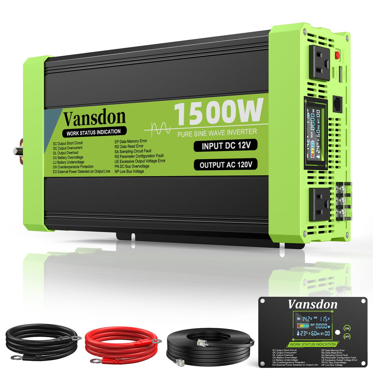 Vansdon 3000W pure sine inverter front view showing rugged RV power ready design.