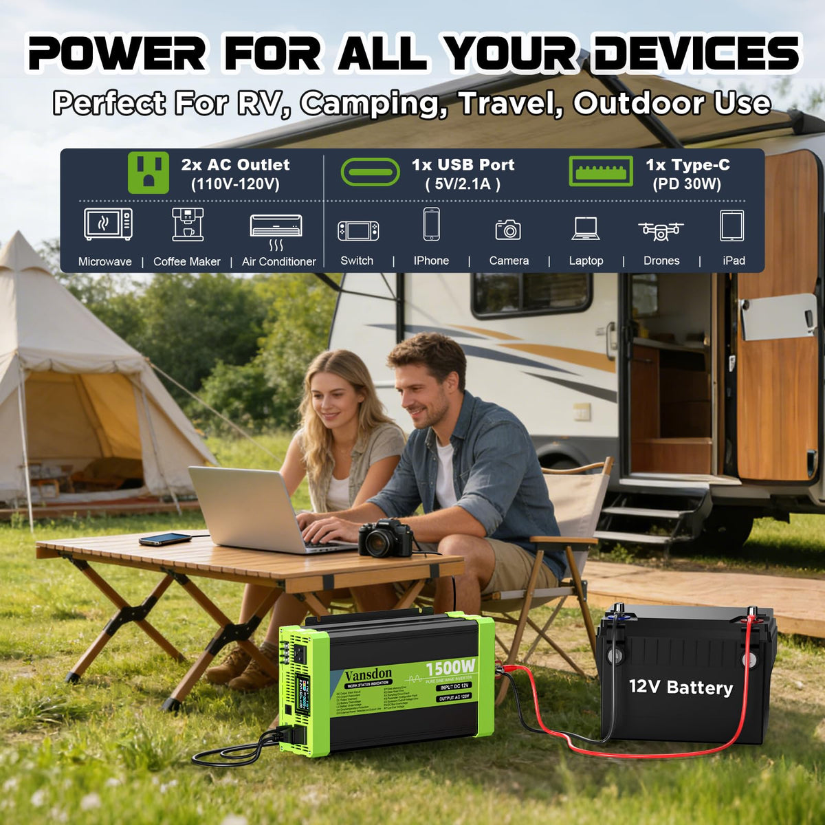 Vansdon 3000W USB A port for convenient mobile charging on the go.