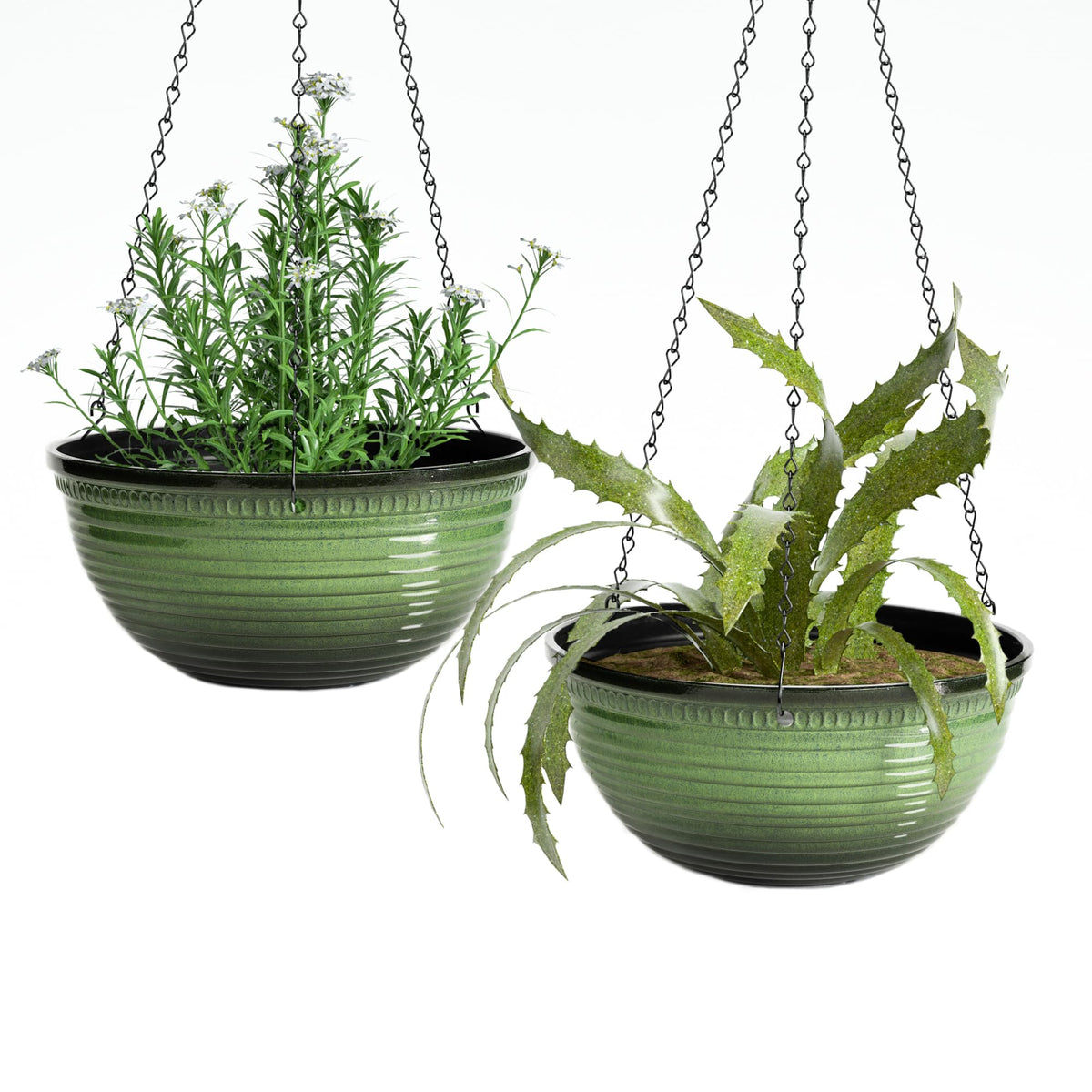 Vanslogreen 12-inch glazed hanging planter with triangular chain for easy hanging.