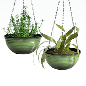 Vanslogreen 12-inch glazed hanging planter with triangular chain for easy hanging.