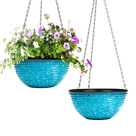 Vanslogreen Snowflake Blue hanging planter angled view highlighting glaze and 10-inch size