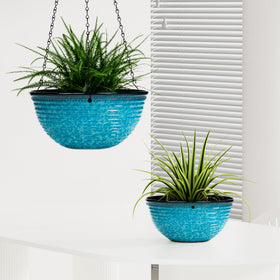 Vanslogreen Snowflake Blue indoor/outdoor planter shown on balcony