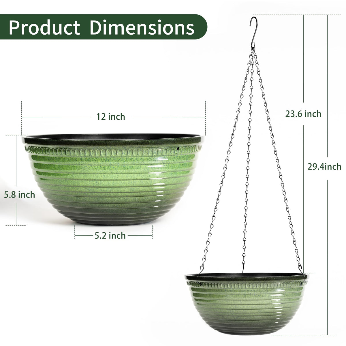 Vanslogreen hanging planter with drainage holes and plugs to control moisture.
