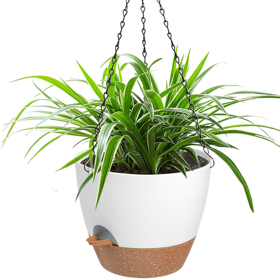 Vanslogreen hanging planter with self-watering system maintains soil moisture.