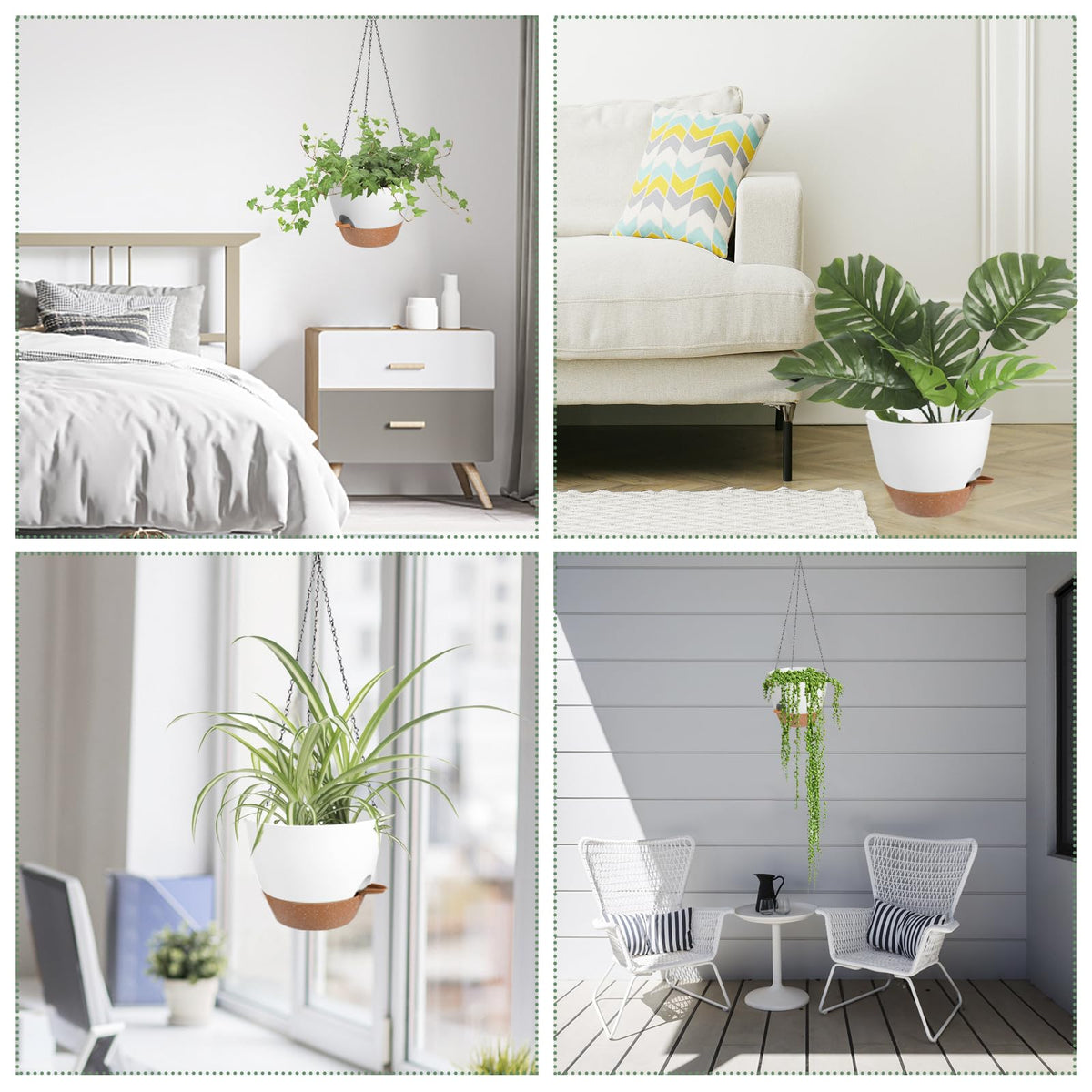 Vanslogreen white 12-inch hanging planter adds modern decor.